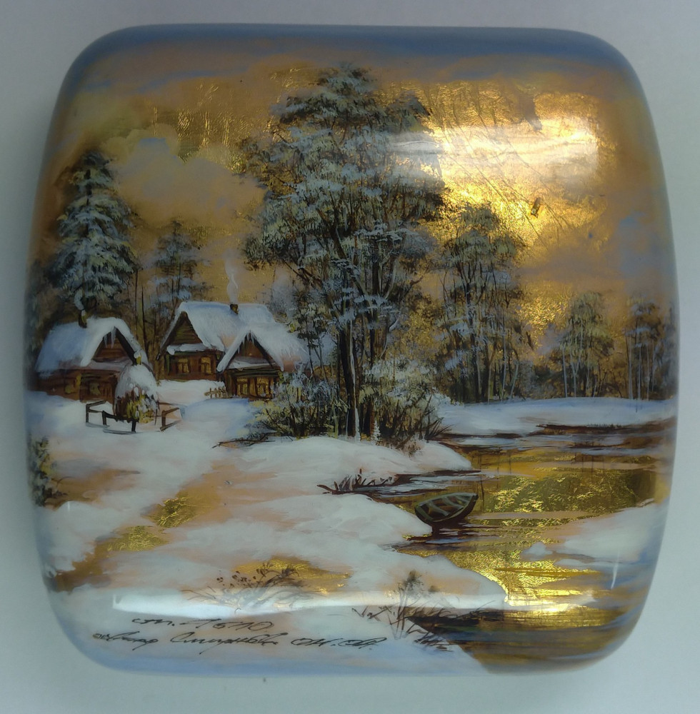 100x100mm Russian Winter hand painted lacquered jewelery box (by Tatiana Shkatulka Crafts)