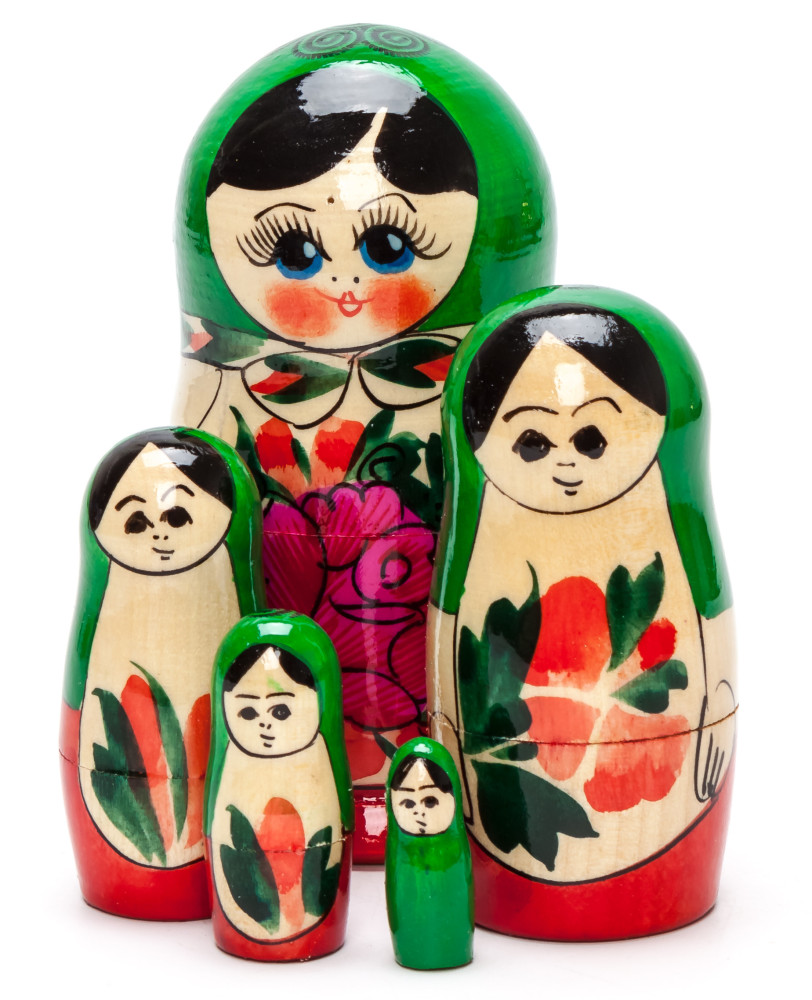 105 mm Green Head Semenovskaya handpainted wooden Matryoshka Doll 5 pcs (by Ivan Studio)