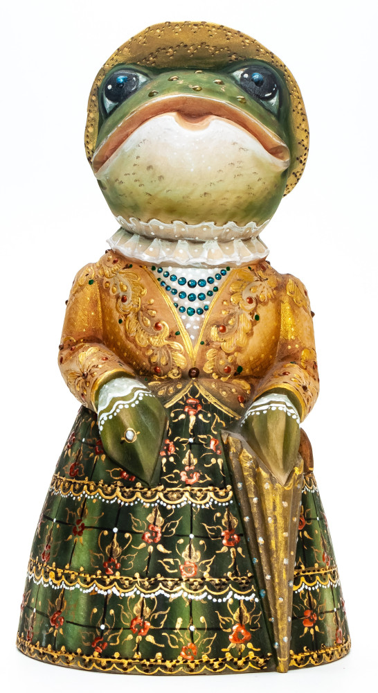 230 mm Frog with an Umbrella  hand painted Wooden Statue (by Natalia Nikitina Workshop)