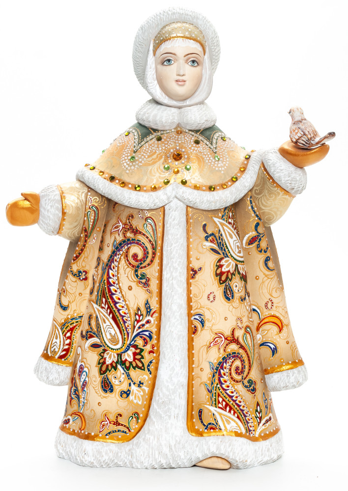 300 mm Noblewoman with a Bullfinch hand painted Wooden Statue (by Karpova Nadezda)