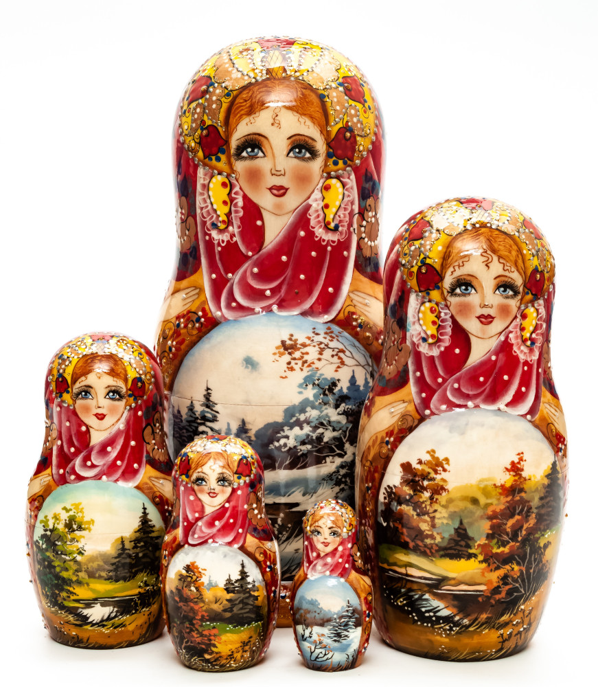 220 mm Russian Winter hand painted on Wooden Matryoshka doll 5 pcs (by Trifinov Studio)