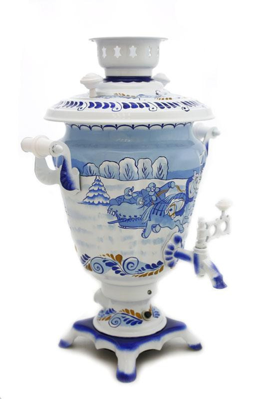 Winter Troika Hand Painted Electric Samovar Kettle with Teapot and Tray