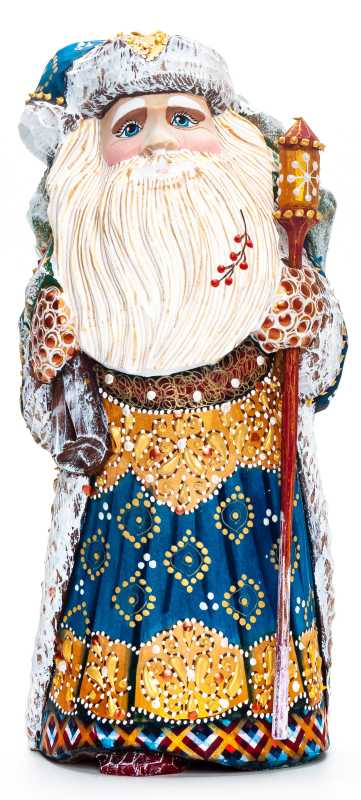 220 mm Santa with a Magic Staff and a Christmas Green Tree handpainted Wooden Carved Statue (by Natalia Nikitina Workshop)