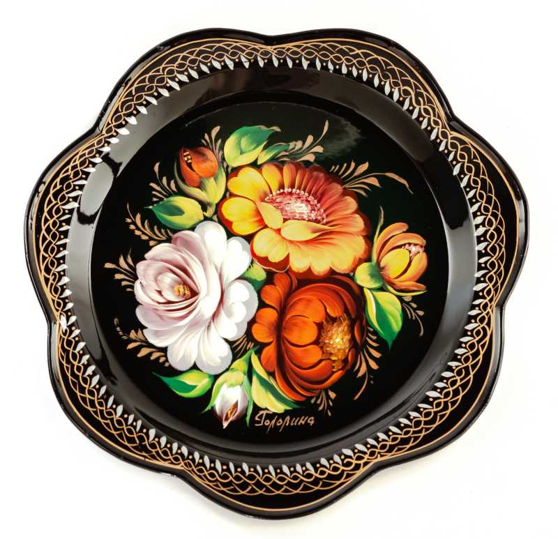 d 220 mm Zhostovo Patterns hand painted and lacquered by Golovina Metal Forged Black Tray (by Lada Crafts)