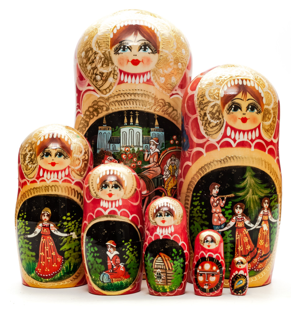 210 mm Russian Fairytale handpainted Wooden Matryoshka Doll 7 pcs (by Valery Crafts)