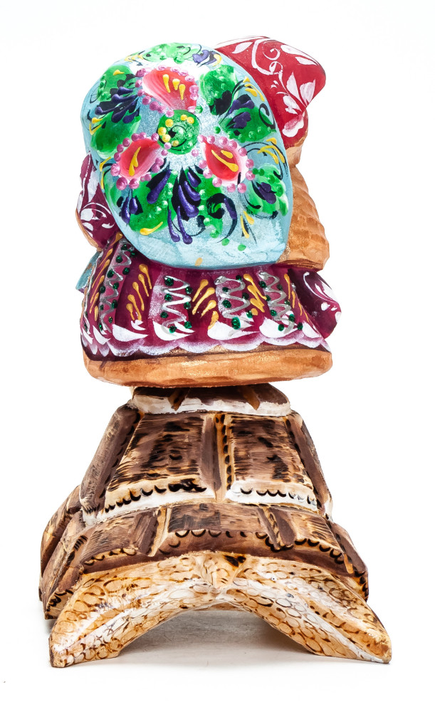 140 mm Santa with a Bag Riding the Turtle handpainted Wooden Carved Statue (by Igor Carved Wooden Figures Studio)