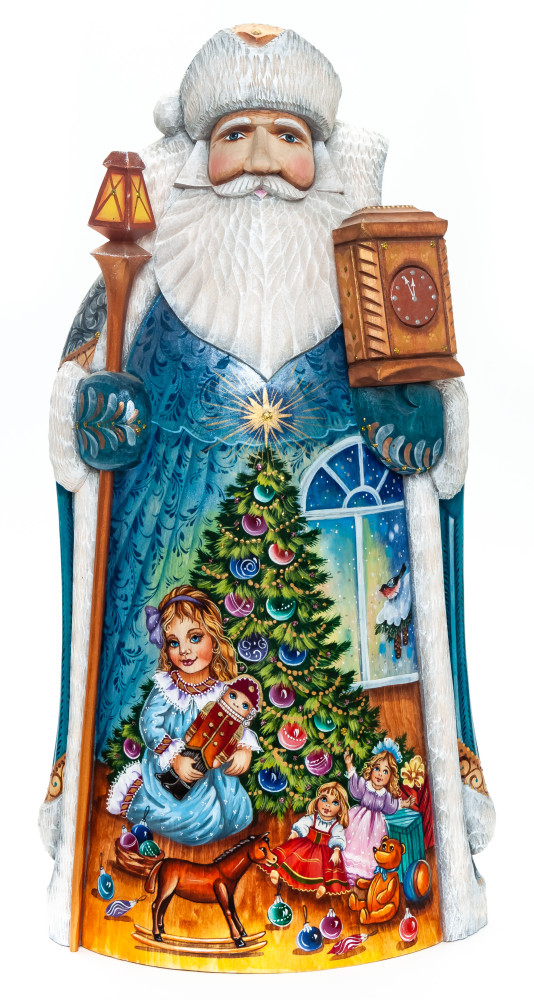 320 mm Santa Claus with a Watches and a Magic Staff with handpainted Nutcracker Wooden Carved Statue (by Igor Carved Wooden Figures Studio)