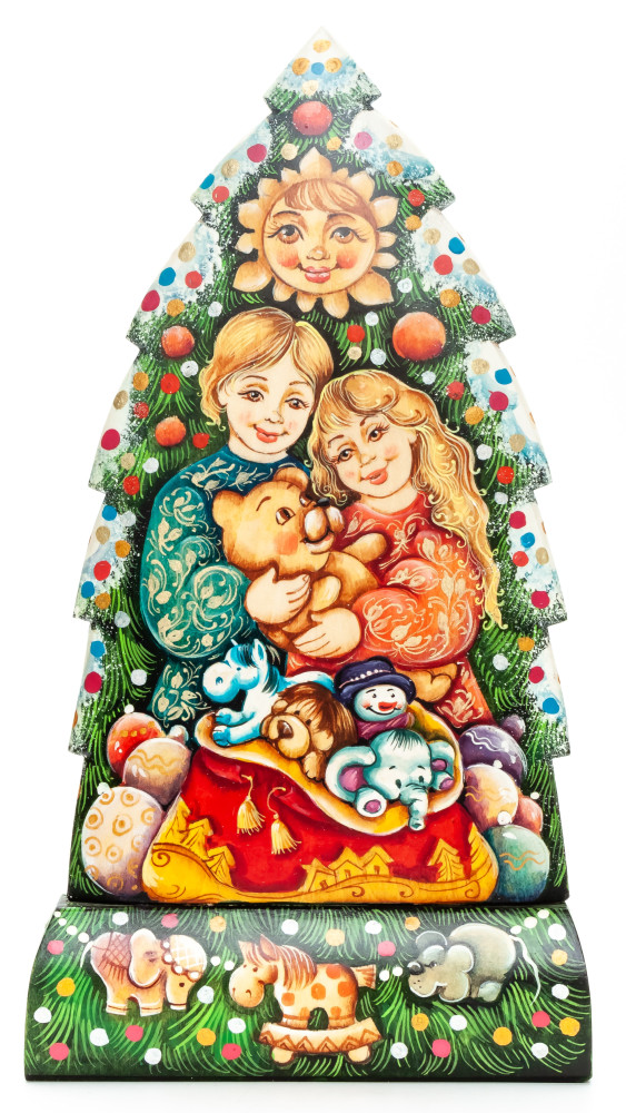 240 mm Children looking at Christmas gifts under the Tree wooden figurine