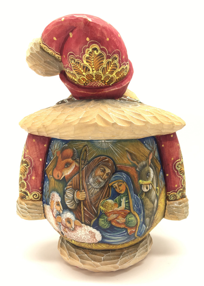 180 mm Round Santa Claus in a red Cap with Christmas Scene Painting on reverse side (Kikin studio)