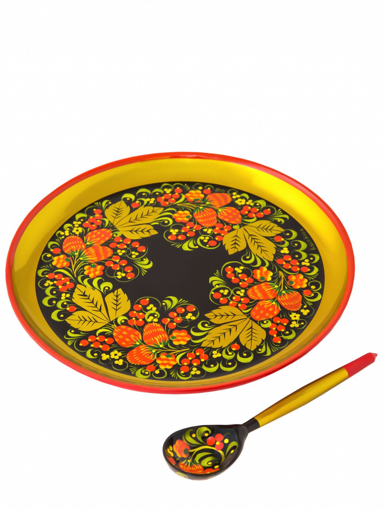The Strawberry hand painted wooden Set of Two Sugar Bowls and Cup with a spoon on a tray (by Golden Khokhloma)