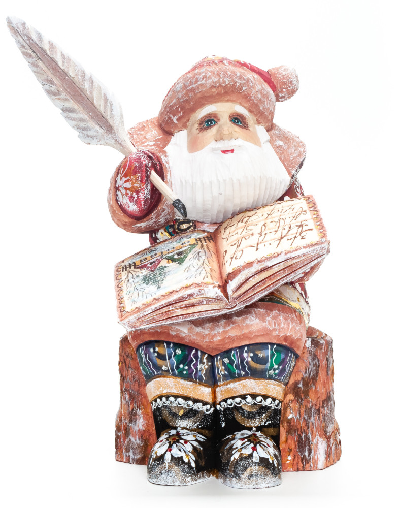 220 mm Santa Claus with a Book and a Feather Carved Wood Hand Painted Collectible Figurine  (by Igor Carved Wooden Figures Studio)
