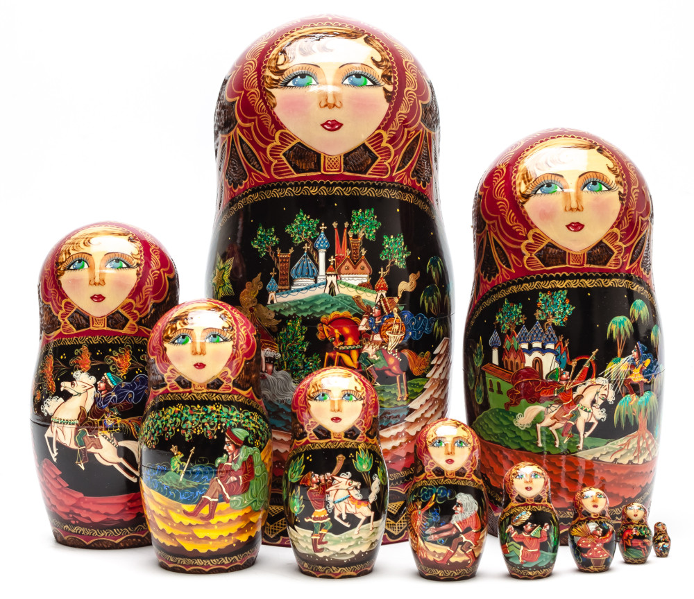 240 mm Ruslan and Lyudmila hand painted on Wooden Matryoshka doll 10 pcs (by Trifinov Studio)