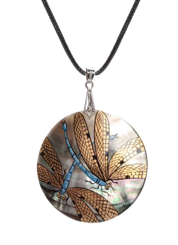 d50 mm Dragoflies hand painted Nacre Pendant (by Tatiana Shkatulka Crafts)