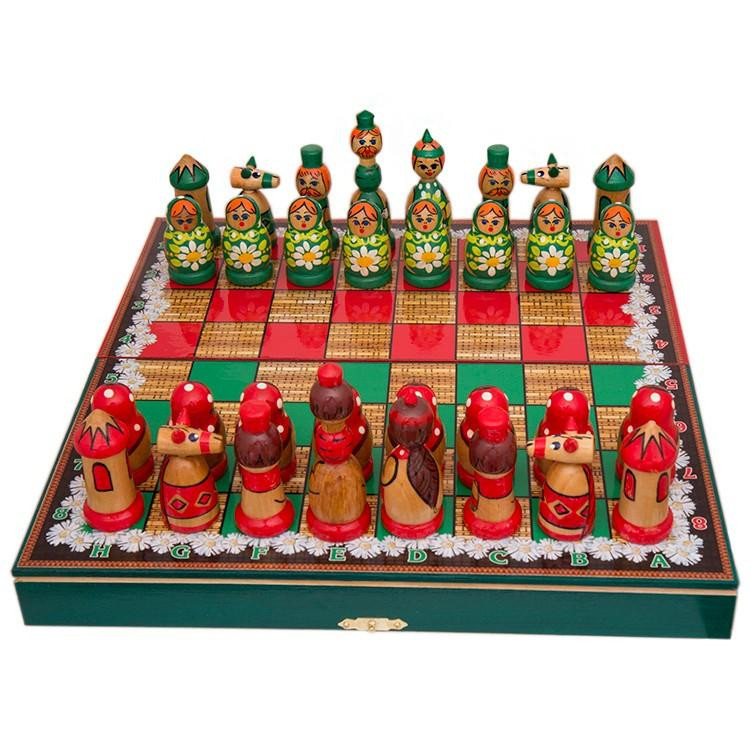 Wooden Chess Board with Matryoshka Hand Painted Chess Pieces
