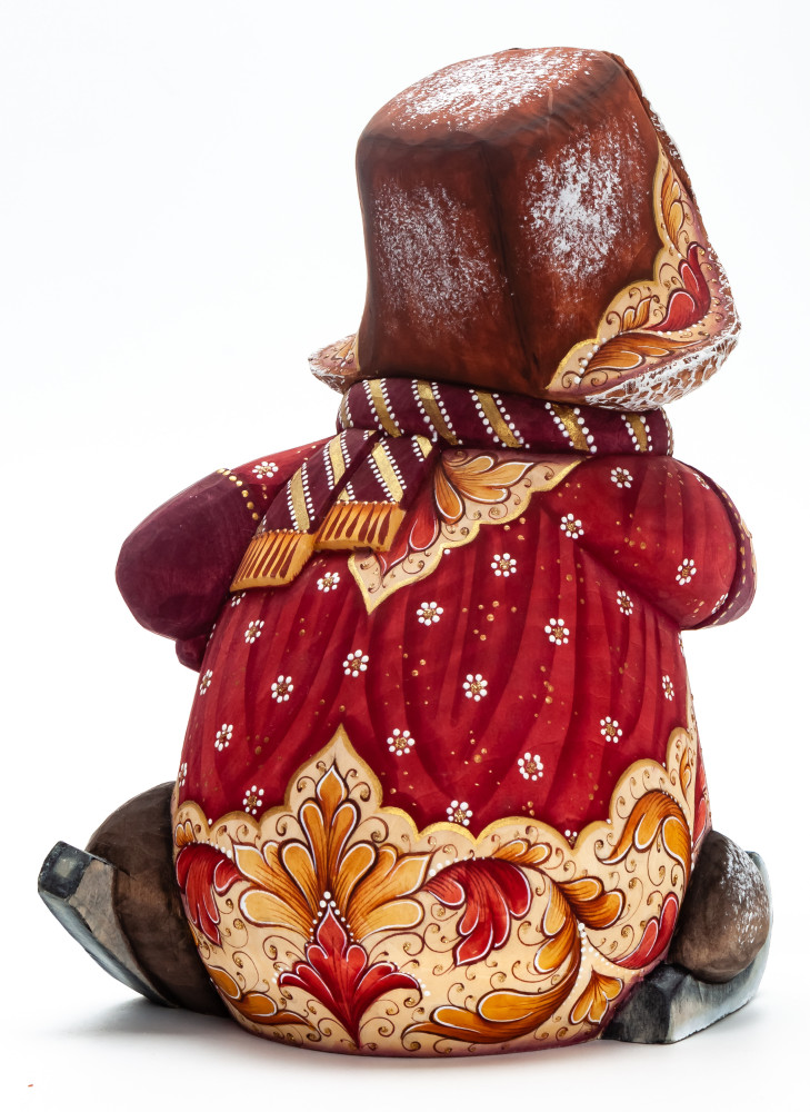 190 mm Snowman Riding the Skates and Children decorating the Christmas Tree wooden figurine (by Natalia Nikitina Workshop)