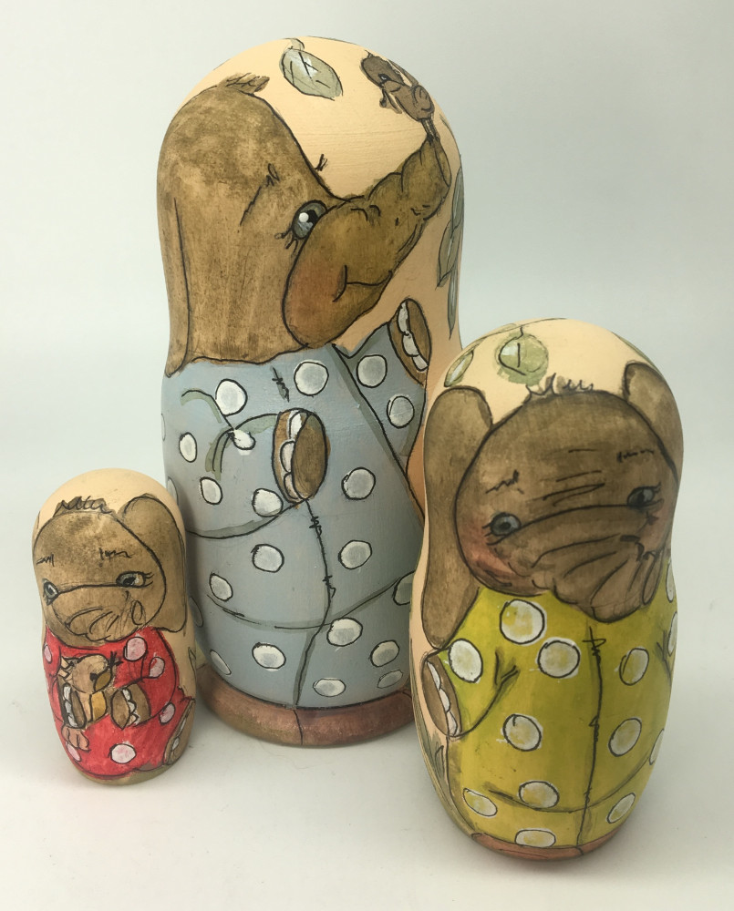 3 pcs Little Elephants Games hand painted Matryoshka Dolls (by Sergey Carved Wooden Dolls Studio)