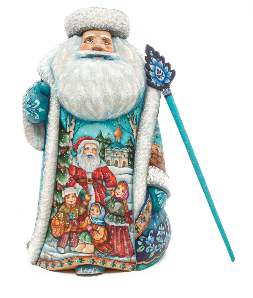 300 mm Santa with a Magic Staff and a Bag with hand painted Santa with Kids Carved Wood Collectible Figurine (by Sergey Christmas Workshop)