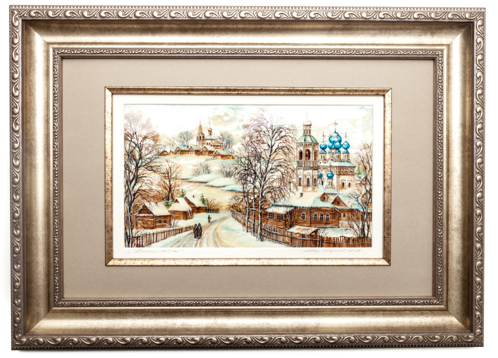450x325 mm Winter Landscape hand painted on Nacre Fedoscino painting (by Tatiana Fedoscino Arts)