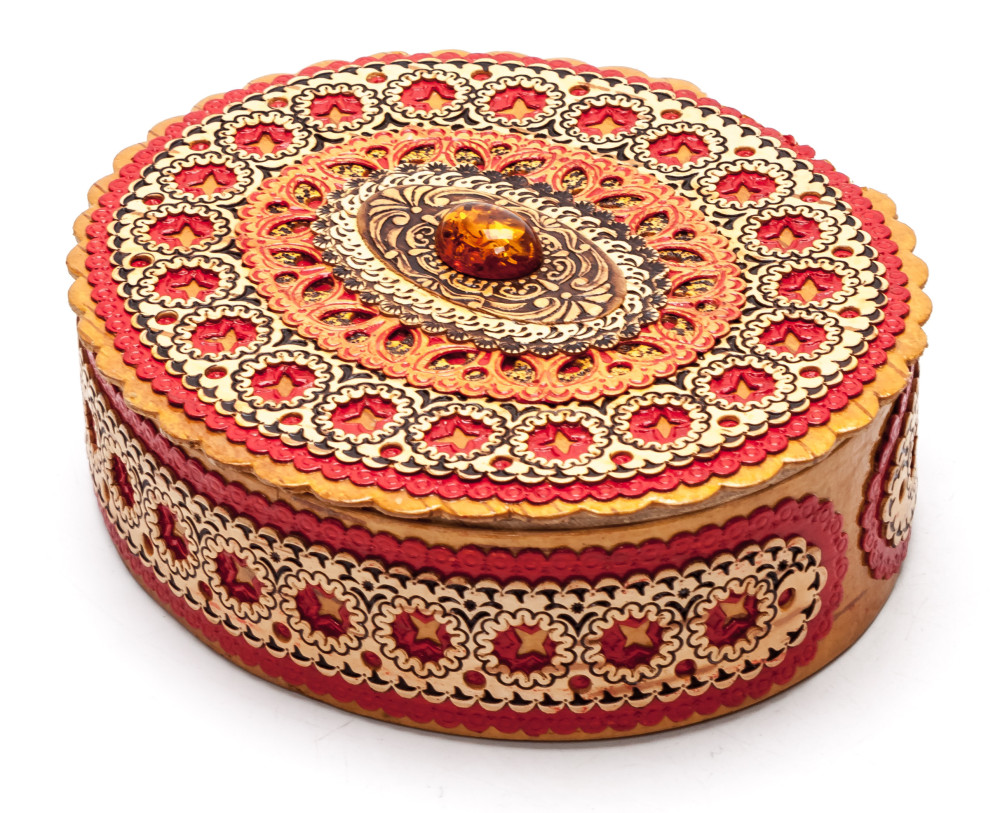 110x130 mm Siberian Patterns hand made Birchbark Jewelry Box (by Maxim Birch)