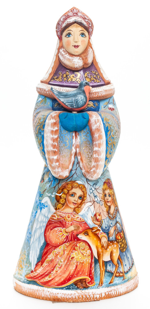 300 mm Noblewoman with a Bullfinch with hand painted Children Wooden Statue (by Karpova Nadezda)