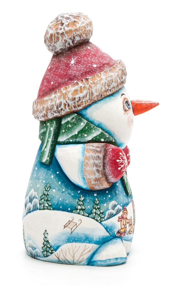 160 mm Snowman with a Broom and a Green Christmas Tree on wooden Figurine with hand painted Kinds playing in the Street (by Natalia Nikitina Workshop)