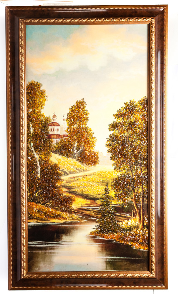 520x920 mm Autumn Landscape on red background hand made of natural Baltic Sea Amber stones (by Russian Amber)