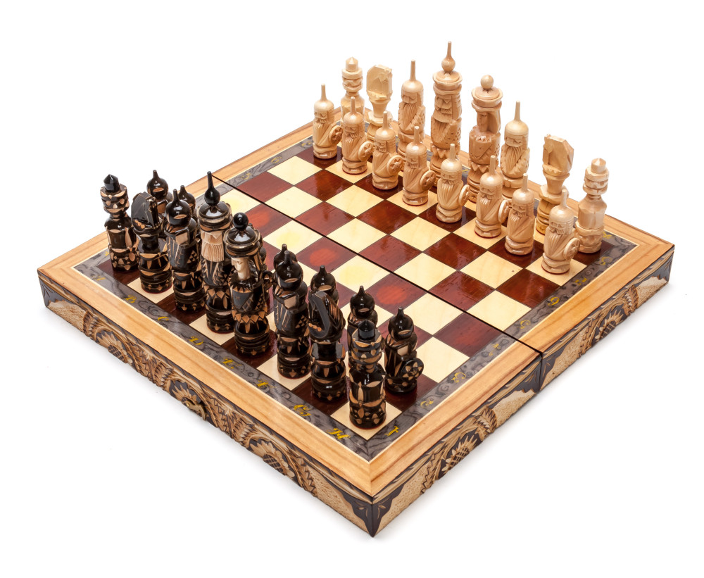 300x300 mm Hand Carved Chess Pieces on Inlaid Wood Board Box (by Fyodor Chess Workshop)