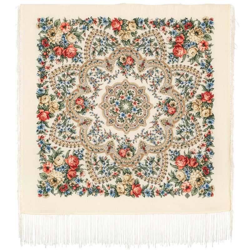 89x89 cm Spring Awakening Woolen Scarf with Silk Fringe (by Pavlov Posad)