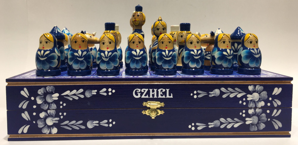 Wooden Chess Board with Gzhel Art Hand Painted Chess Pieces
