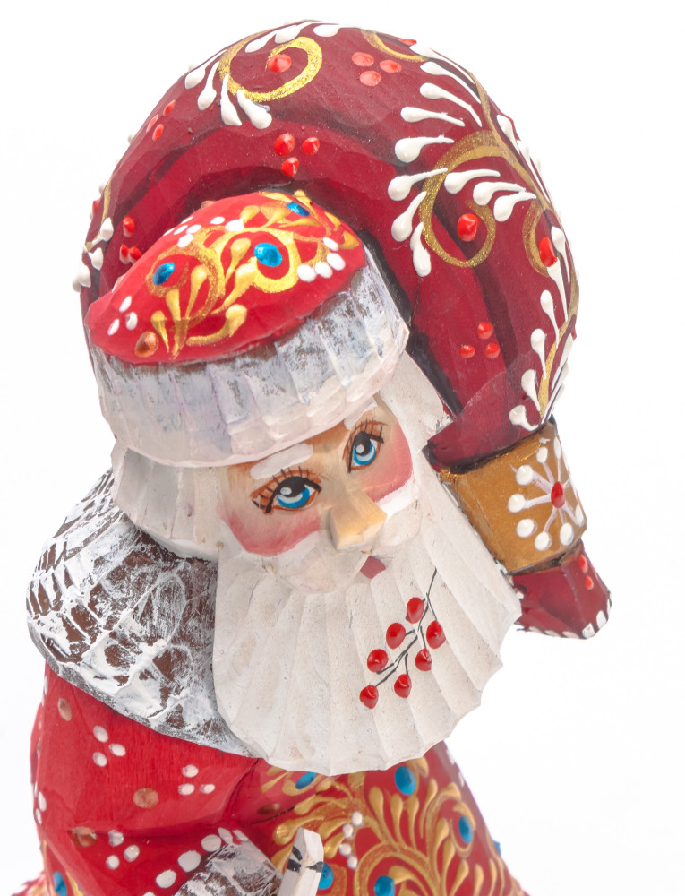135 mm Santa with a Magic Staff and a Bag Carved Wood Hand Painted Collectible Figurine (by Natalia Nikitina Workshop)