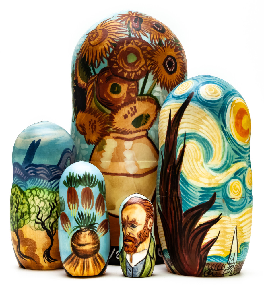 180 mm Sunflowers by van Gogh hand painted on wooden Matryoshka doll 5 pcs (by Alexander Famous Paintings Studio)