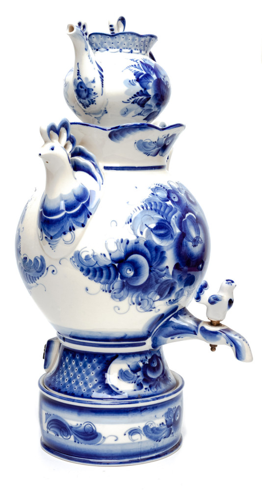Flowers Gzhel Ceramic Electric Kettle with Teapot and Tray