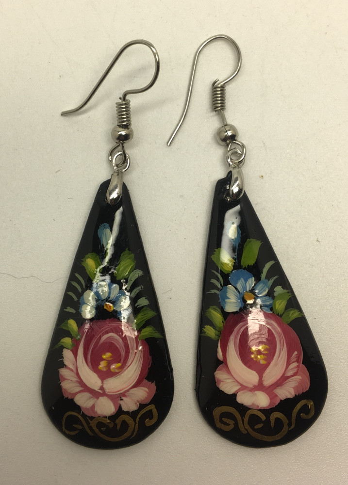 Zhostovo Black Teardrop Shaped hand painted papier-mache Earrings (by Lada Workshop)