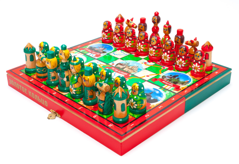 Wooden Chess Board with Golden Ring of Russia Hand Painted Chess Pieces