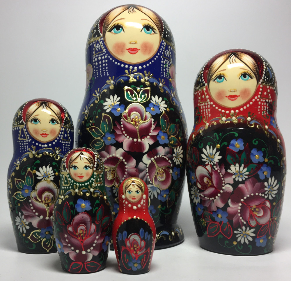 180 mm Zhostovo tall hand painted Russian Matryoshka doll 5 pcs (by A Studio)