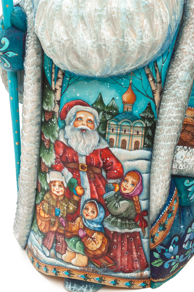 300 mm Santa with a Magic Staff and a Bag with hand painted Santa with Kids Carved Wood Collectible Figurine (by Sergey Christmas Workshop)