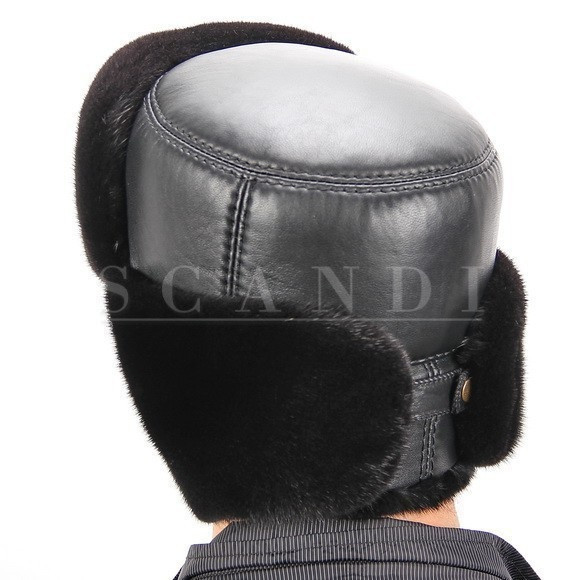 Black Mink Fur Hat with Ear flaps and leather top (by Scandi Furs)