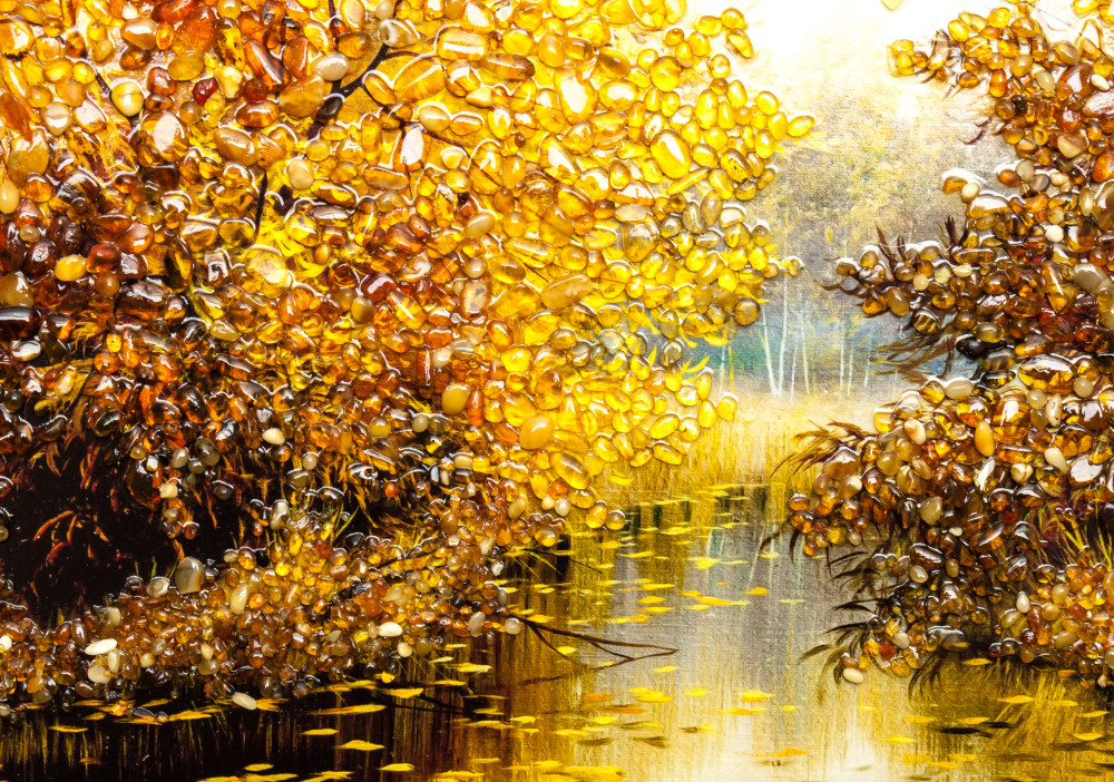 275x205 mm Autumn Landscape on red background hand made of natural Baltic Sea Amber stones (by Russian Amber)