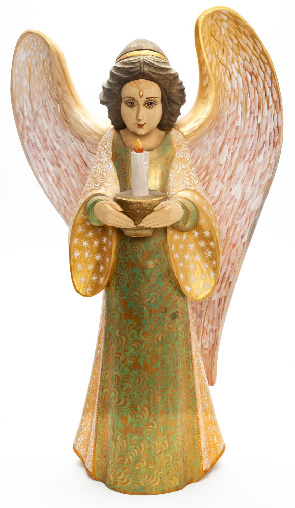 360 mm Mother Angel with Candle hand painted wooden figurine (by Polar Bear Studio)