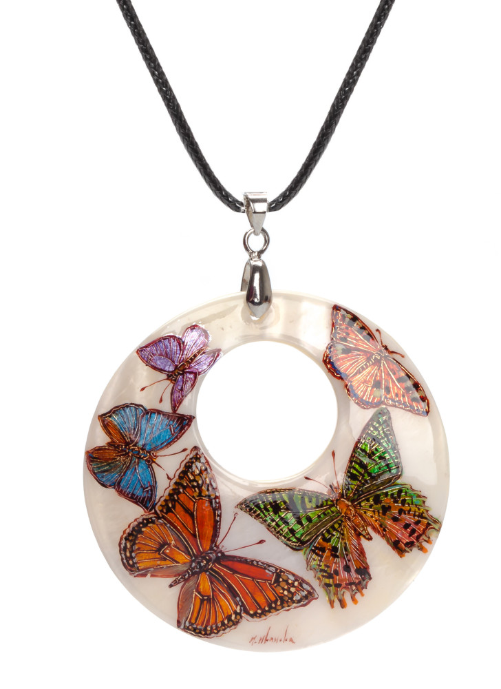 d50 mm Butterflies hand painted Nacre Pendant (by Tatiana Shkatulka Crafts)
