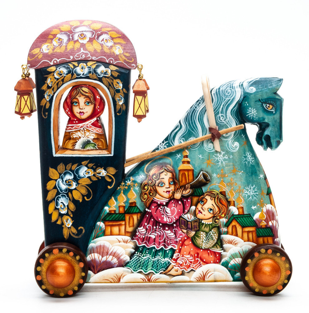 160 mm Carriage with hand painted Angels World Wooden Statue (by Vladislav Toys)