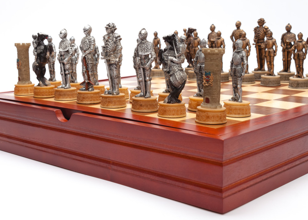 370x370 mm Medieval Knights handpainted figures on wooden Chess Board (by Fyodor Chess Studio)