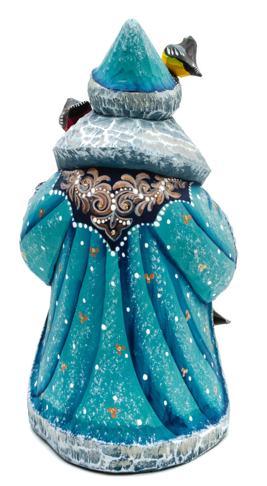 150 mm Santa Claus with Bullfinches hand painted wooden figurine (by Sergey Christmas Workshop)