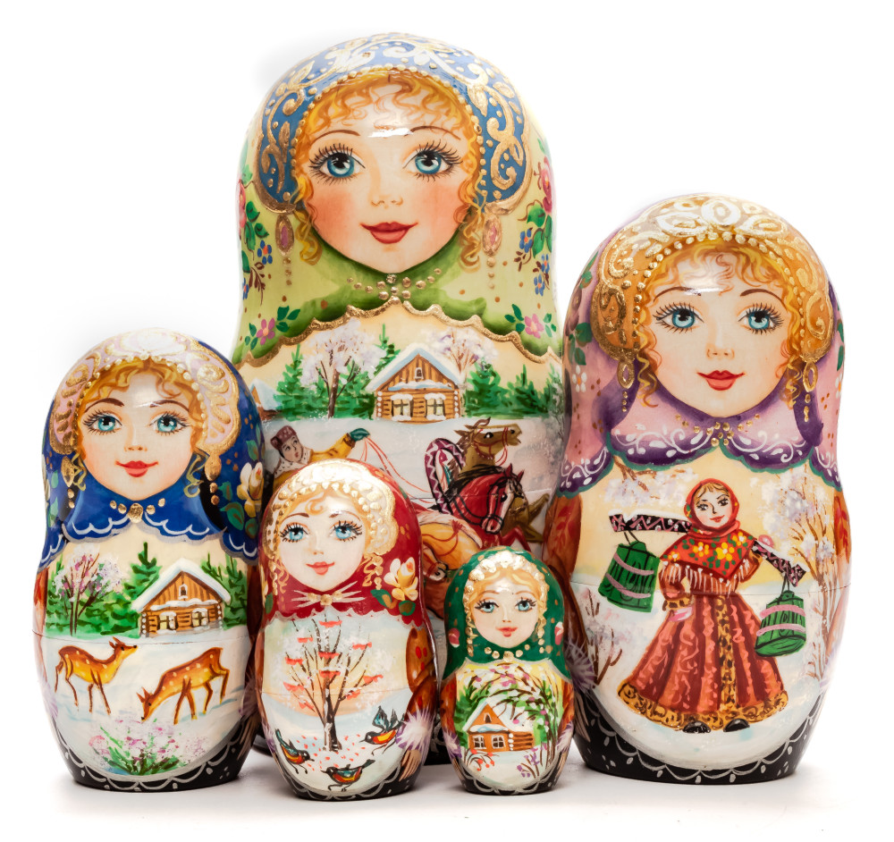 160mm Russian Winter hand painted Matryoshka doll 5pcs