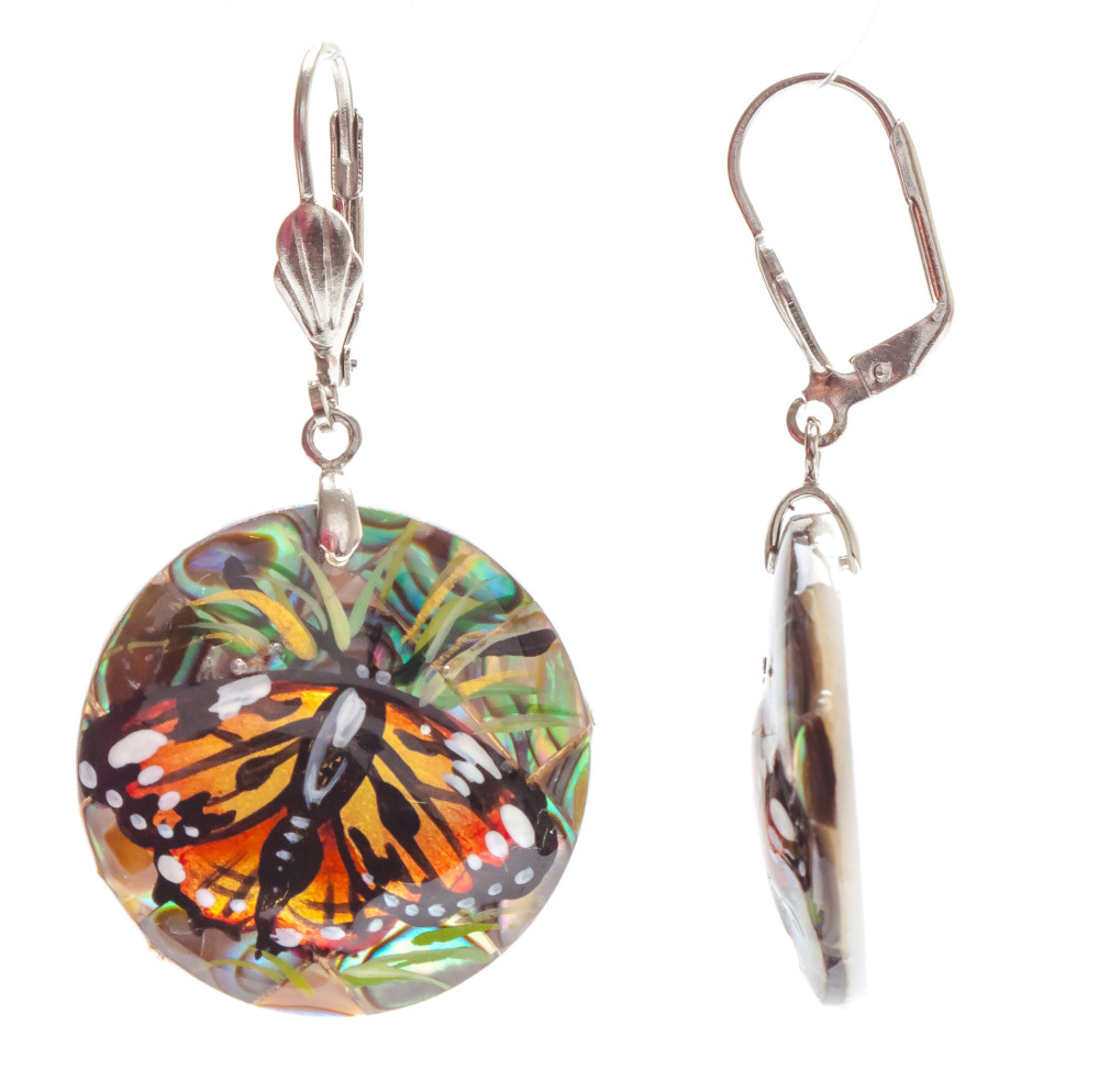 d25 mm Butterfly hand painted on Nacre Earrings (by Tatiana Shkatulka Crafts)