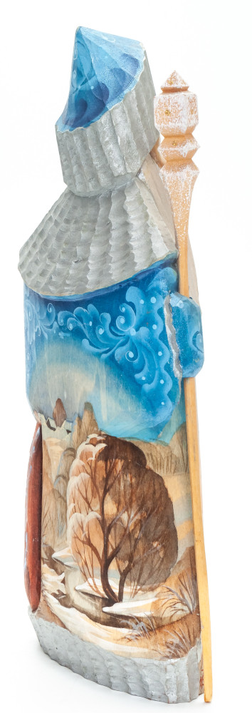 230 mm Santa with a Magic Staff and a Bag with handpainted Deers Wooden Carved Statue (by Igor Carved Wooden Figures Studio)