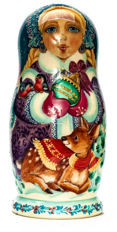 160 mm Snowmaiden Princess with Deer hand painted wooden Matryoshka 5 pcs (by Vasily Crafts)