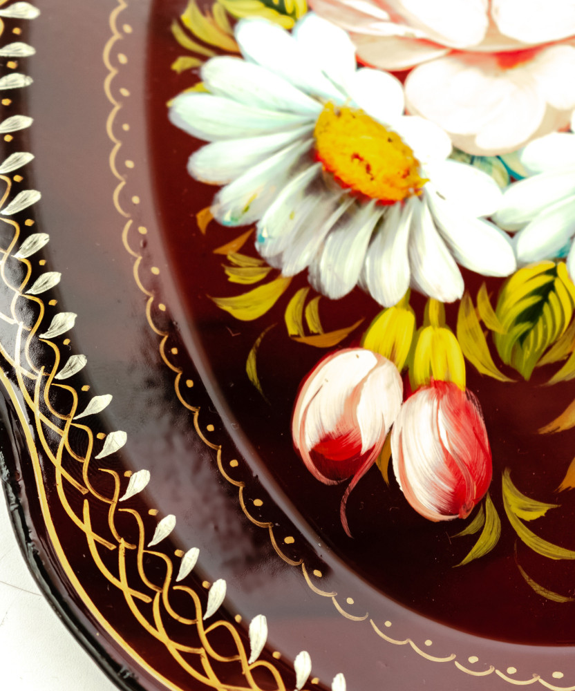180x220 mm Zhostovo Patterns hand painted and lacquered Metal Forged Carmine Tray (by Lada Crafts)