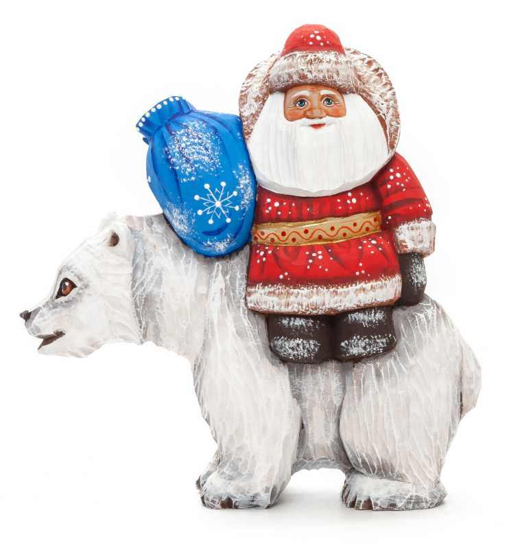 160 mm Santa with a Bag riding the Bear Carved Wood Hand Painted Collectible Figurine (by Sergey Christmas Workshop)