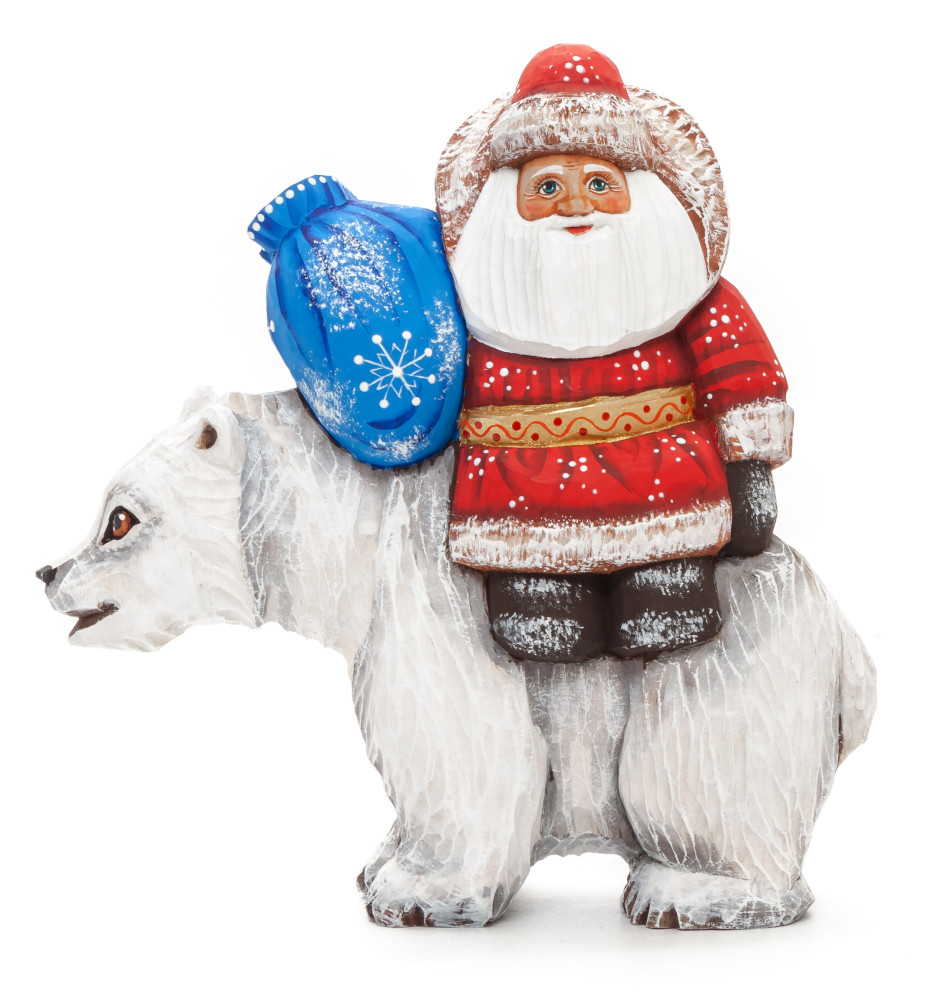 160 mm Santa with a Bag riding the Bear Carved Wood Hand Painted Collectible Figurine (by Sergey Christmas Workshop)